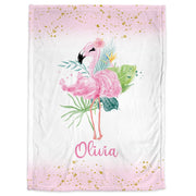Pink flamingo baby blanket, tropical flowers and flamingo newborn name blanket, personalized baby girls flamingo swaddle, floral baby gift