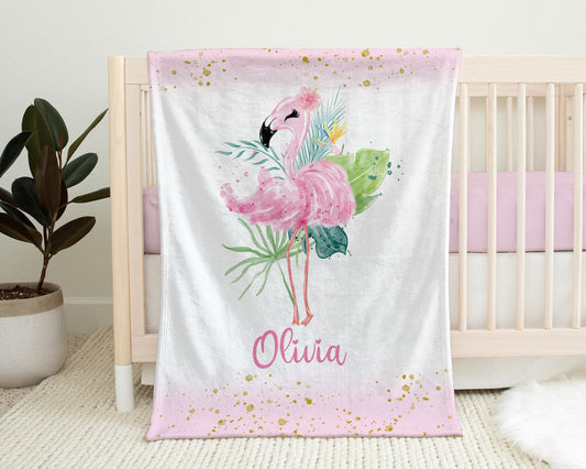 Personalized Pink flamingo Baby Name Blanket Girl