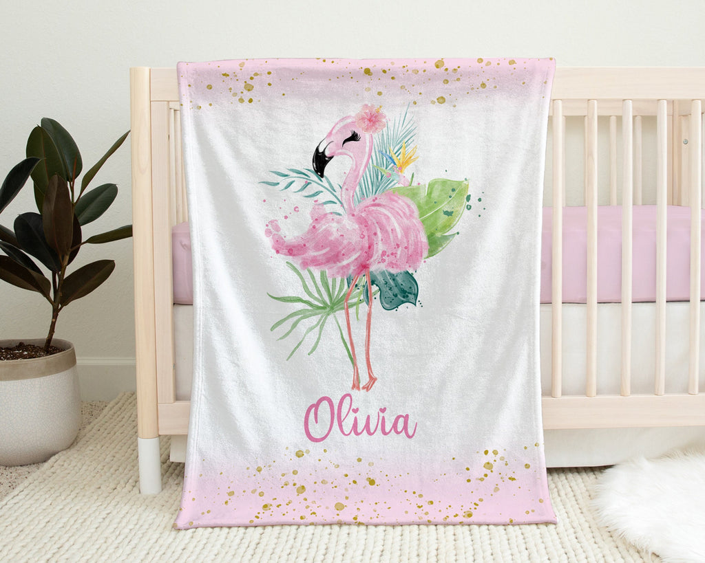 Pink flamingo baby blanket, tropical flowers and flamingo newborn name blanket, personalized baby girls flamingo swaddle, floral baby gift