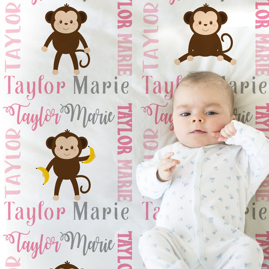 Personalized Monkey Baby Name Blanket Girl