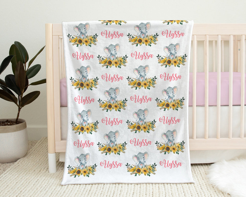 Baby girl blanket with flowers and elephants, floral elephant personalized newborn name blanket, elephant swaddle, baby girl elephants gift