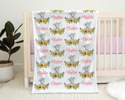 Baby girl blanket with flowers and elephants, floral elephant personalized newborn name blanket, elephant swaddle, baby girl elephants gift