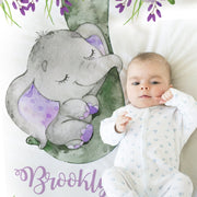 Purple elephant name blanket with purple flowers, newborn elephant baby swaddle, personalized girl elephant and florals baby gift,