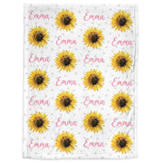 Polka dot sunflower newborn baby blanket, personalized name blanket with sunflowers, baby girl sunflower gift, pink floral baby swaddle