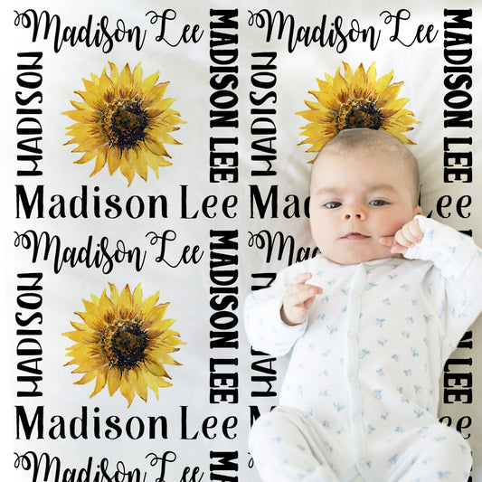 Baby girl sunflower blanket, sunflower personalized newborn name swaddle blanket, baby girl yellow floral sunflowers gift, (CHOOSE COLORS)
