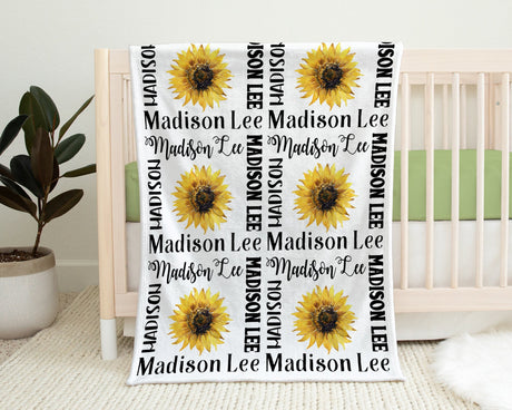 Baby girl sunflower blanket, sunflower personalized newborn name swaddle blanket, baby girl yellow floral sunflowers gift, (CHOOSE COLORS)