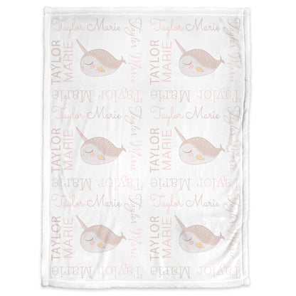 Narwhal baby blanket, personalized narwhal newborn name blanket, ocean narwhal baby swaddle, narwhal theme boy or girls gift, CHOOSE COLORS