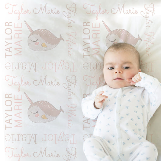 Personalized Narwhal Baby Name Blanket Girl