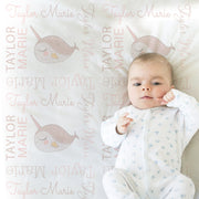 Narwhal baby blanket, personalized narwhal newborn name blanket, ocean narwhal baby swaddle, narwhal theme boy or girls gift, CHOOSE COLORS