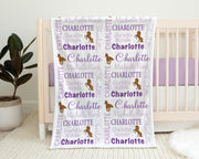 Personalized horse baby girl blanket, newborn horse theme blanket with name, wild horses swaddle baby gift, purple and brown (CHOOSE COLORS)