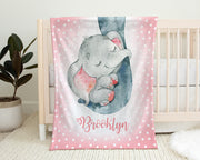 Elephant trunk baby blanket, girls personalized elephant name blanket, mom and baby elephant swaddle, pink and gray cute elephant baby gift