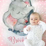 Elephant trunk baby blanket, girls personalized elephant name blanket, mom and baby elephant swaddle, pink and gray cute elephant baby gift