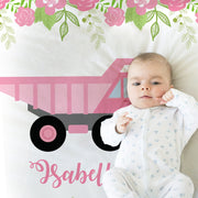 Pink girls construction trucks baby blanket, newborn girl dump truck floral swaddle blanket, pink flower construction baby gift with name,