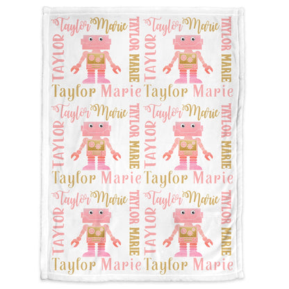 Pink robots baby blanket, newborn baby girl personalized name swaddle blanket, robot baby gift, infant robot gift with name, (CHOOSE COLORS)