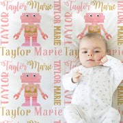 Pink robots baby blanket, newborn baby girl personalized name swaddle blanket, robot baby gift, infant robot gift with name, (CHOOSE COLORS)