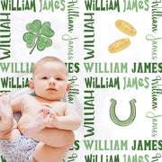Lucky shamrock leprechaun baby blanket, personalized st patricks swaddle blanket, newborn clover baby gift with name, pot of gold, rainbow
