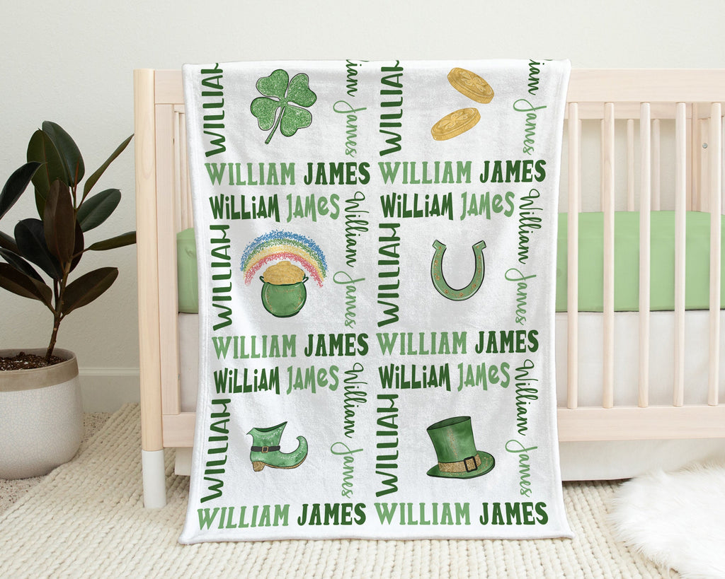 Lucky shamrock leprechaun baby blanket, personalized st patricks swaddle blanket, newborn clover baby gift with name, pot of gold, rainbow