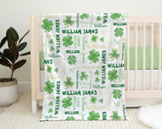 Leprechaun shamrock baby blanket, personalized st patricks lucky swaddle blanket, newborn clover baby gift with name, pot of gold, rainbow