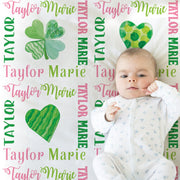 Shamrock hearts personalized baby blanket, st patricks lucky girls name blanket, clover newborn baby gift, baby boy or girl, (CHOOSE COLORS)