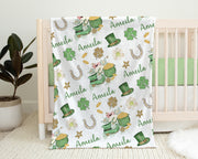 Leprechaun personalized baby blanket, shamrock st patricks lucky girls name swaddle blanket, clover newborn baby gift, (CHOOSE COLORS)