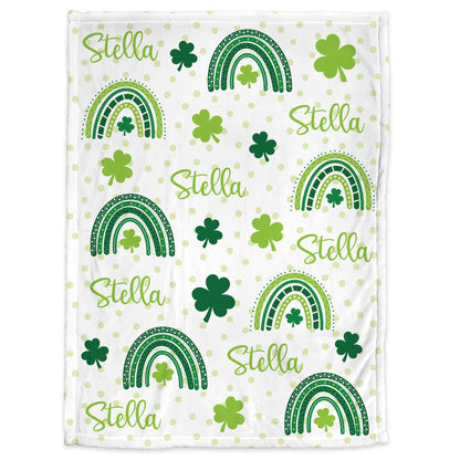 Rainbow shamrock personalized baby blanket, st patricks lucky girls name swaddle blanket, clover newborn baby gift, (CHOOSE COLORS)