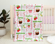 Strawberry baby girl blanket, personalized newborn strawberry name blanket, strawberry swaddle blanket baby gift, summer berry blanket