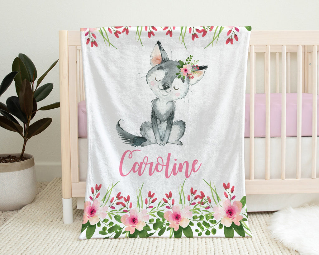 Personalized wolf baby girl blanket, flowers and wolves name blanket, newborn pink wolf and flowers floral swaddle, wolf theme baby gift
