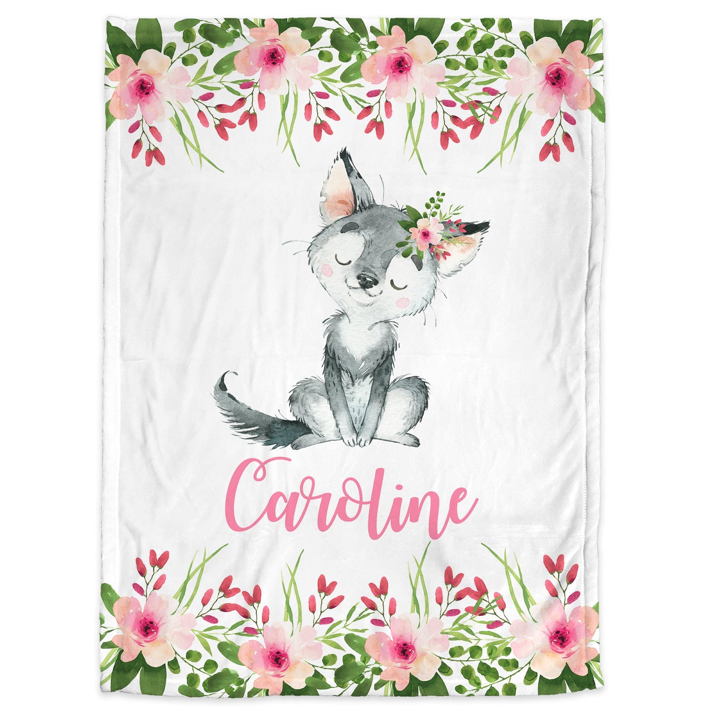 Personalized wolf baby girl blanket, flowers and wolves name blanket, newborn pink wolf and flowers floral swaddle, wolf theme baby gift