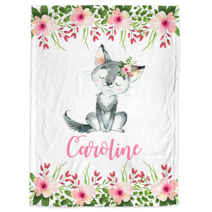 Personalized wolf baby girl blanket, flowers and wolves name blanket, newborn pink wolf and flowers floral swaddle, wolf theme baby gift