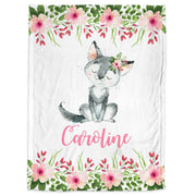 Personalized wolf baby girl blanket, flowers and wolves name blanket, newborn pink wolf and flowers floral swaddle, wolf theme baby gift