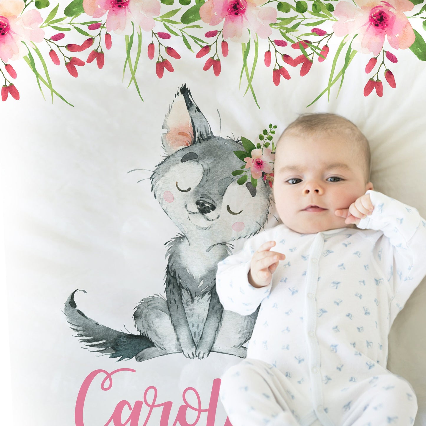 Personalized wolf baby girl blanket, flowers and wolves name blanket, newborn pink wolf and flowers floral swaddle, wolf theme baby gift