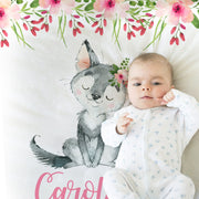 Personalized wolf baby girl blanket, flowers and wolves name blanket, newborn pink wolf and flowers floral swaddle, wolf theme baby gift