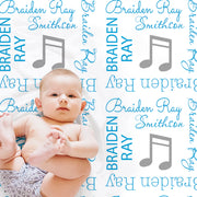 Music note baby blanket, blue and gray boys musical note blanket, personalized newborn music baby name swaddle, music gift (CHOOSE COLORS)