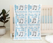 Music note baby blanket, blue and gray boys musical note blanket, personalized newborn music baby name swaddle, music gift (CHOOSE COLORS)