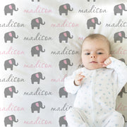 Elephant baby girls name blanket, personalized newborn elephant theme blanket in pink and gray, elephant baby swaddle gift, (CHOOSE COLORS)