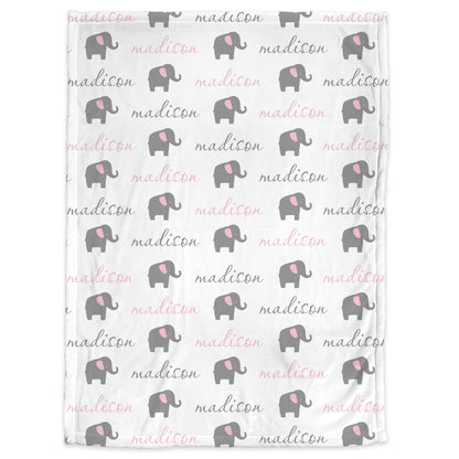 Elephant baby girls name blanket, personalized newborn elephant theme blanket in pink and gray, elephant baby swaddle gift, (CHOOSE COLORS)