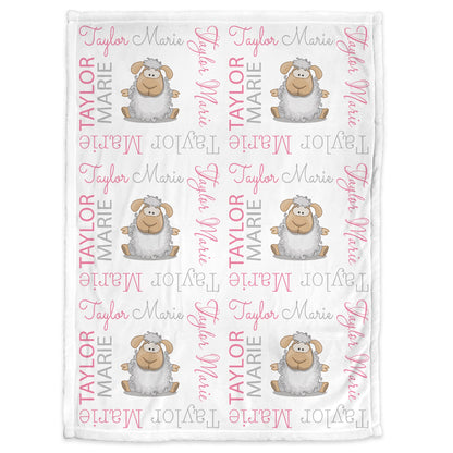Lamb baby newborn blanket, girl personalized sheep name blanket, pink and gray sheep swaddle blanket, lamb sheep baby gift, (CHOOSE COLORS )