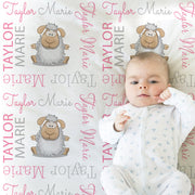 Lamb baby newborn blanket, girl personalized sheep name blanket, pink and gray sheep swaddle blanket, lamb sheep baby gift, (CHOOSE COLORS )