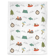 Personalized camping baby blanket, outdoors newborn boys name blanket, woodland animals, trees, fish, tent, hunting camping baby swaddle