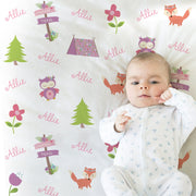 Girl camping baby name blanket, personalized forest animals swaddle blanket, pink and purple camping theme newborn baby gift (CHOOSE COLORS)