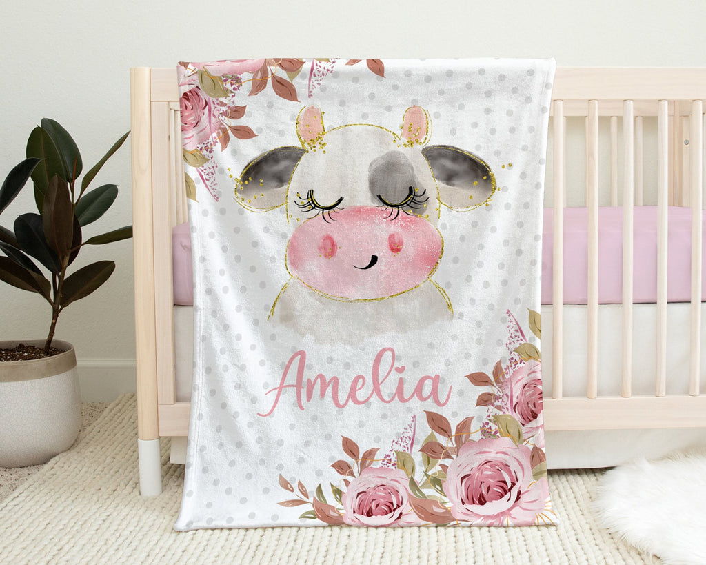 Baby girl floral cow blanket, newborn calf name blanket, watercolor floral gift, personalized baby girl farm animal blanket with flowers