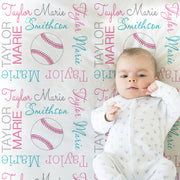 Girl newborn softball baby blanket, personalized newborn softball sports swaddle blanket, softball baby girls name gift, (CHOOSE COLORS)