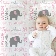 Elephant baby name blanket in pink and gray, personalized girls newborn blanket, elephant swaddle, pink elephant baby gift, (CHOOSE COLORS)