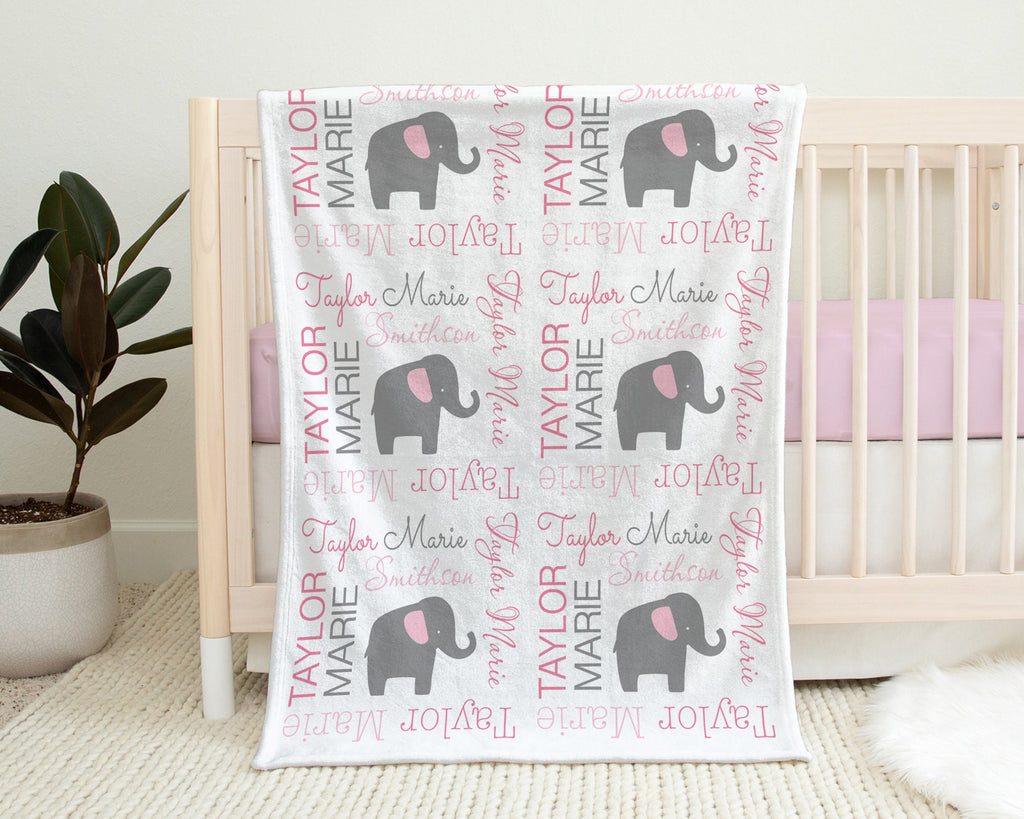 Elephant baby name blanket in pink and gray, personalized girls newborn blanket, elephant swaddle, pink elephant baby gift, (CHOOSE COLORS)