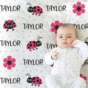 Hot pink and black baby ladybug blanket, personalized newborn girls ladybugs name blanket, ladybugs swaddle, bug baby gift, (CHOOSE COLORS)