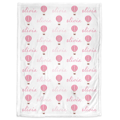 Hot air balloon baby girls blanket, personalized script baby girl name blanket, hot air balloon swaddle, pink hoy air balloon baby gift