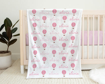 Hot air balloon baby girls blanket, personalized script baby girl name blanket, hot air balloon swaddle, pink hoy air balloon baby gift