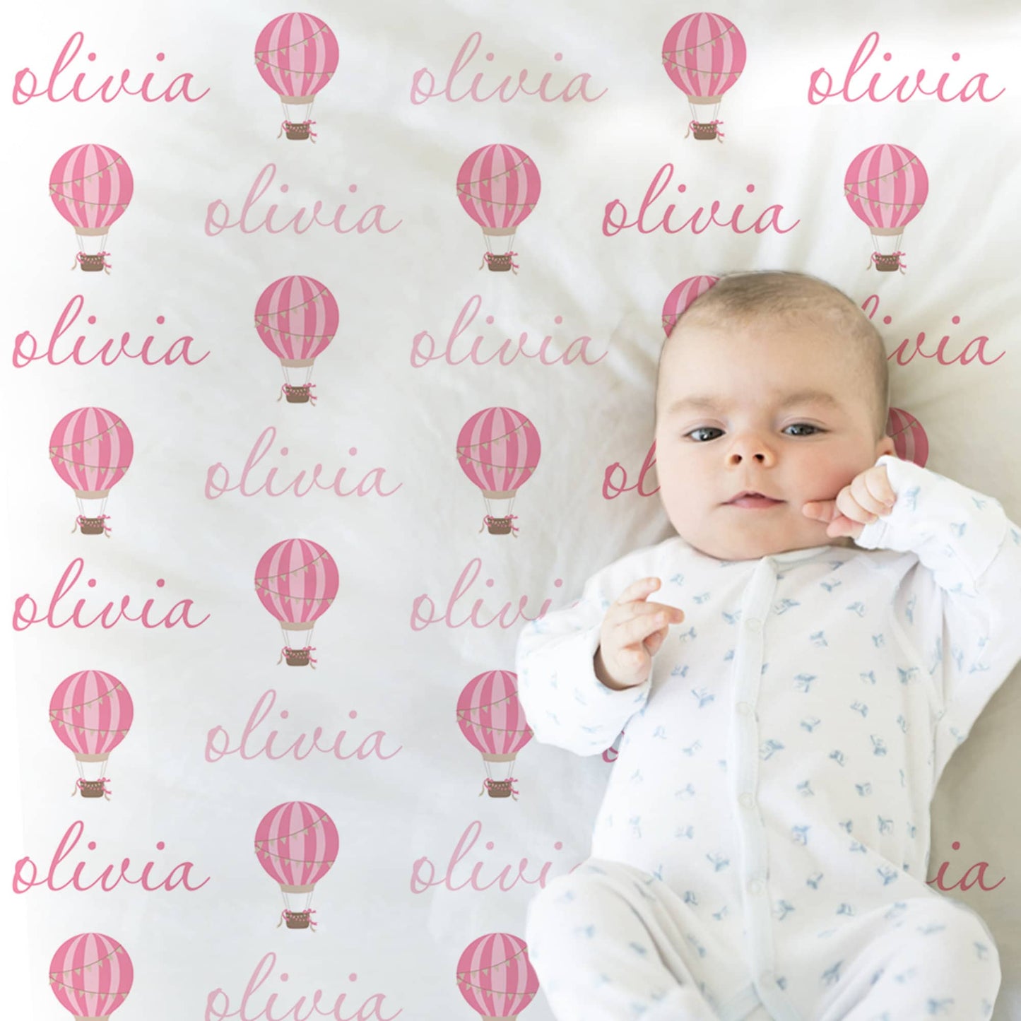 Hot air balloon baby girls blanket, personalized script baby girl name blanket, hot air balloon swaddle, pink hoy air balloon baby gift