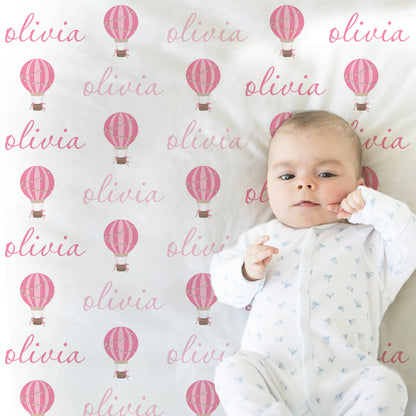 Hot air balloon baby girls blanket, personalized script baby girl name blanket, hot air balloon swaddle, pink hoy air balloon baby gift