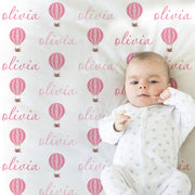 Hot air balloon baby girls blanket, personalized script baby girl name blanket, hot air balloon swaddle, pink hoy air balloon baby gift